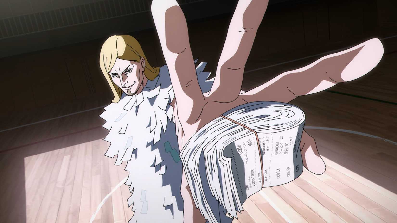 An adult man extends his hand to show a bundle of receipts in Jujutsu Kaisen