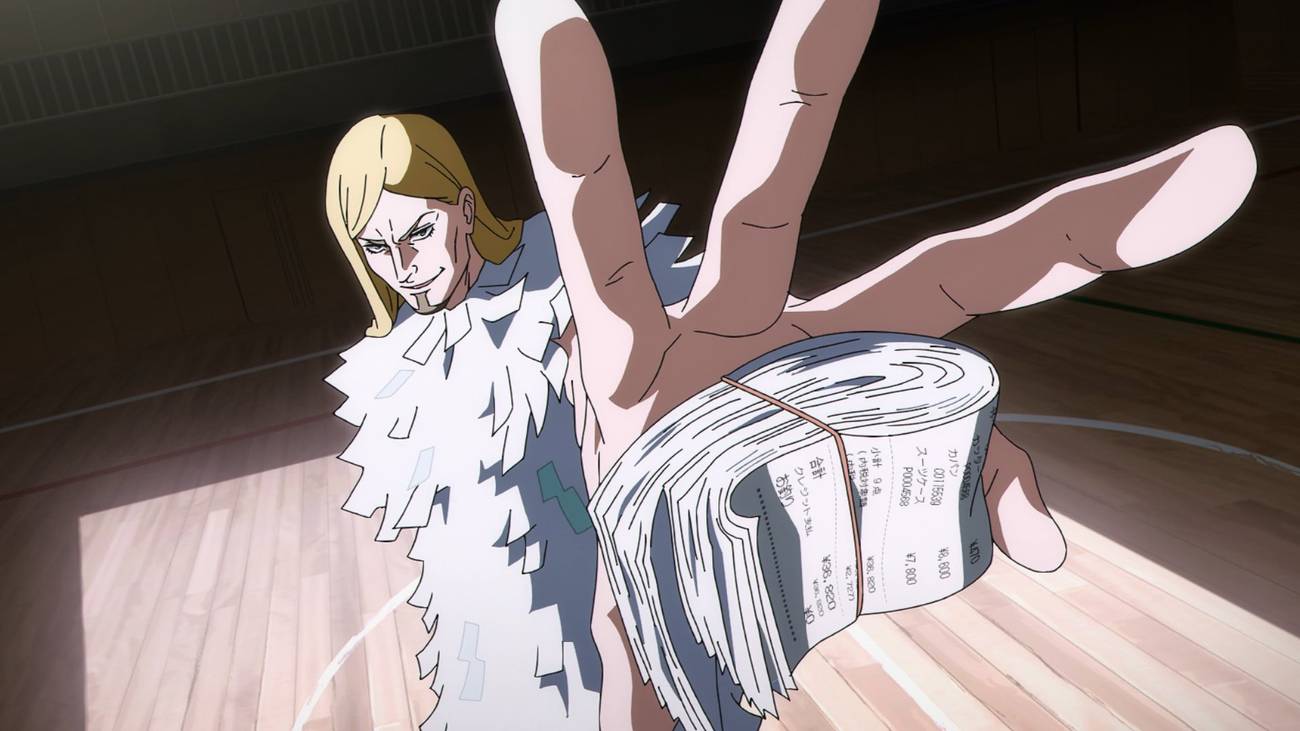 An adult man extends his hand to show a bundle of receipts in Jujutsu Kaisen