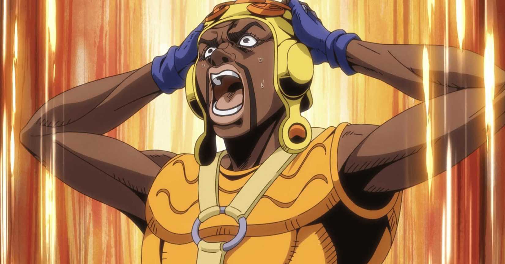 Pocoloco panics after realizing that he's late for the race in Steel Ball Run