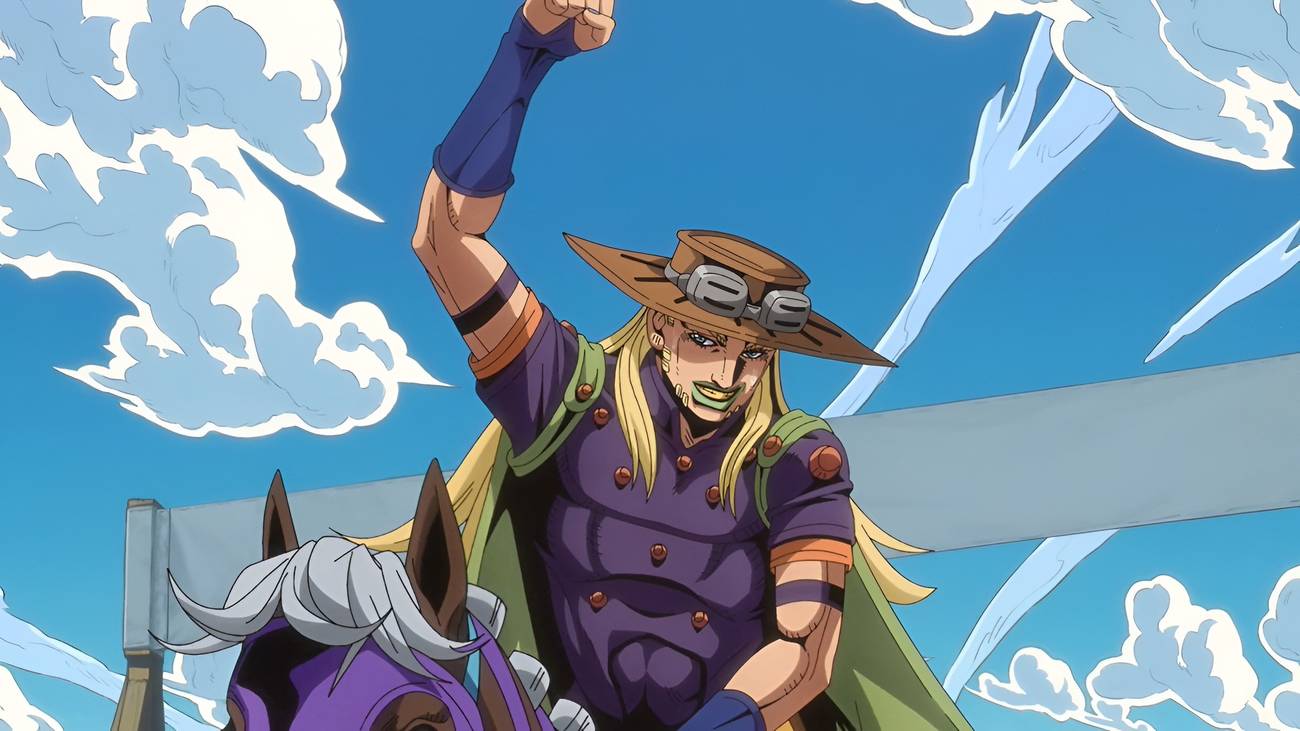 Gyro Zeppeli celebrates after winning the first stage of the race in Steel Ball Run