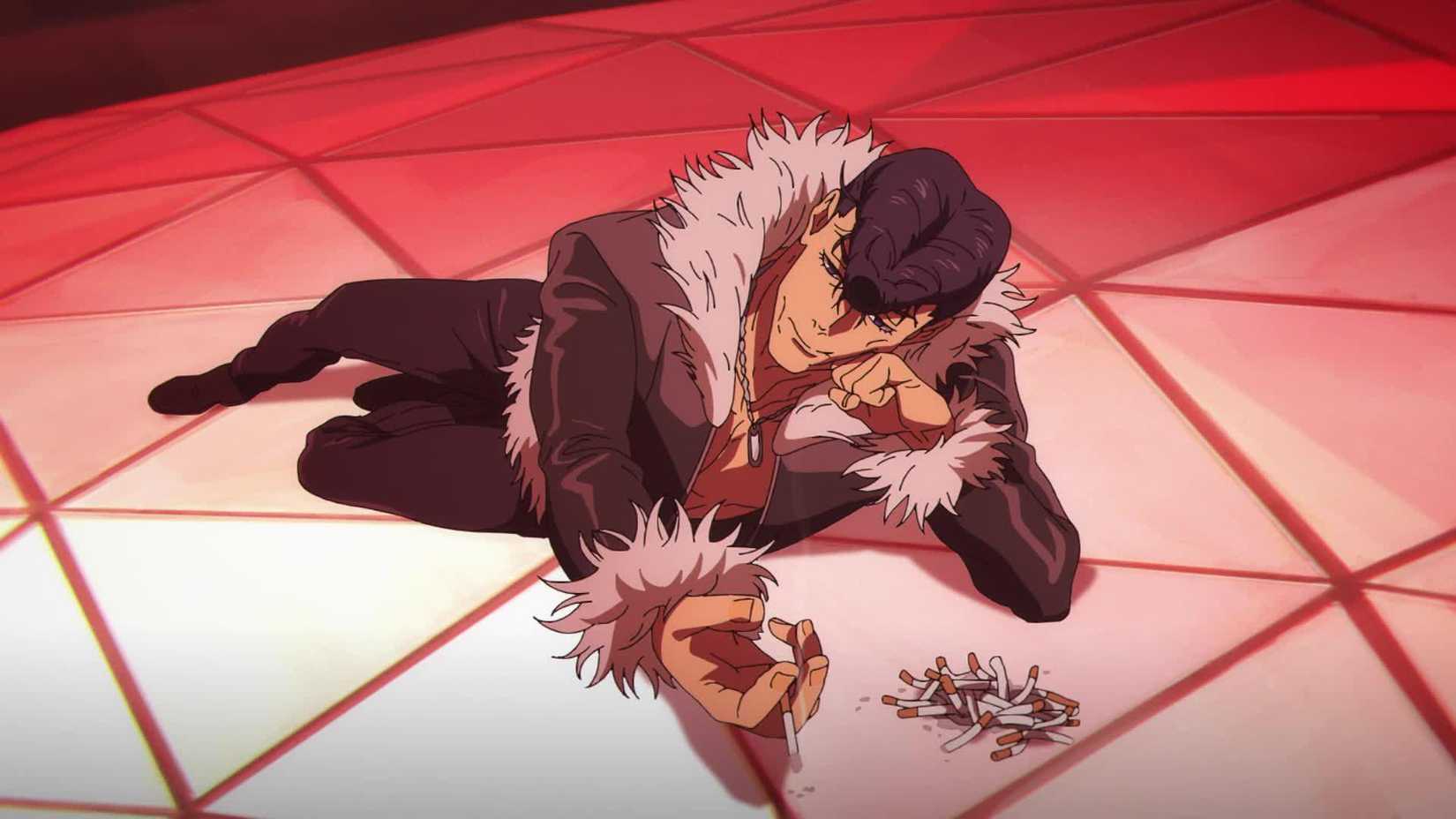 A participant in the Culling Game smokes cigarettes inside Sendai Colony in Jujutsu Kaisen