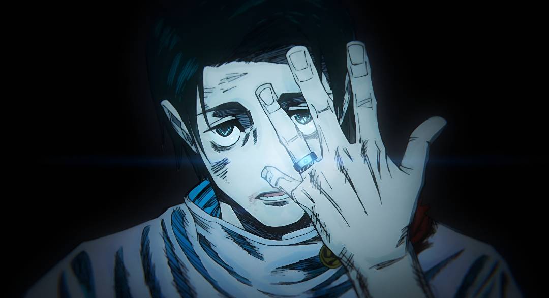 A young man holds up his hand with a special ring on it in Jujutsu Kaisen