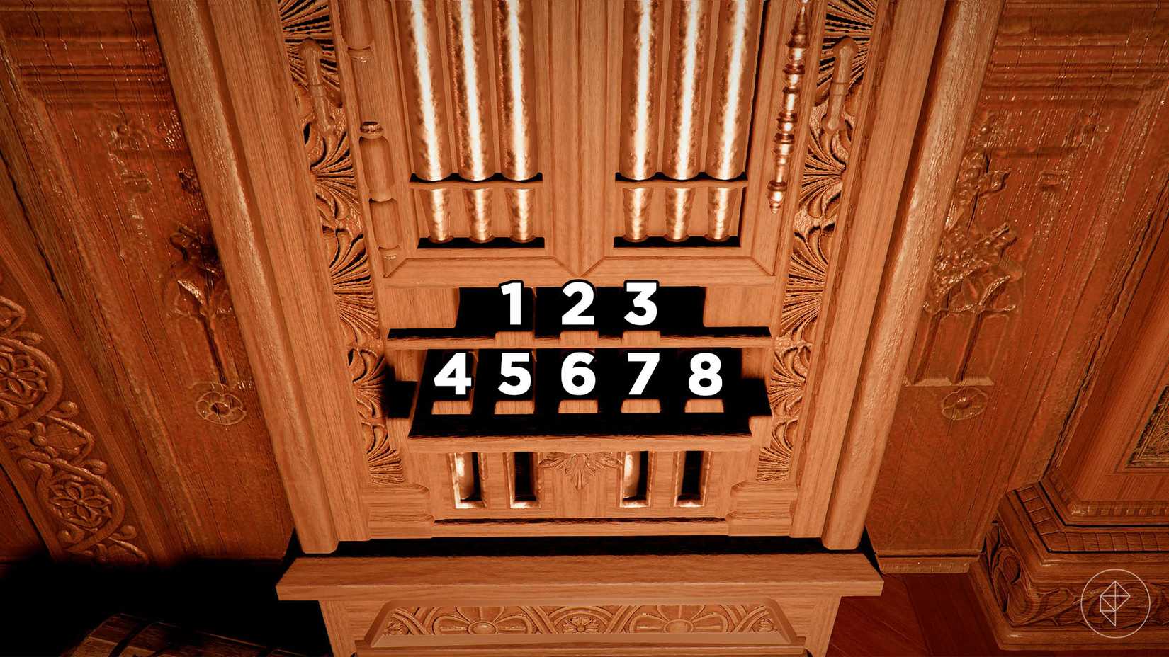 A locked wooden cabinet that has eight keys on the front of it in Crimson Desert.
