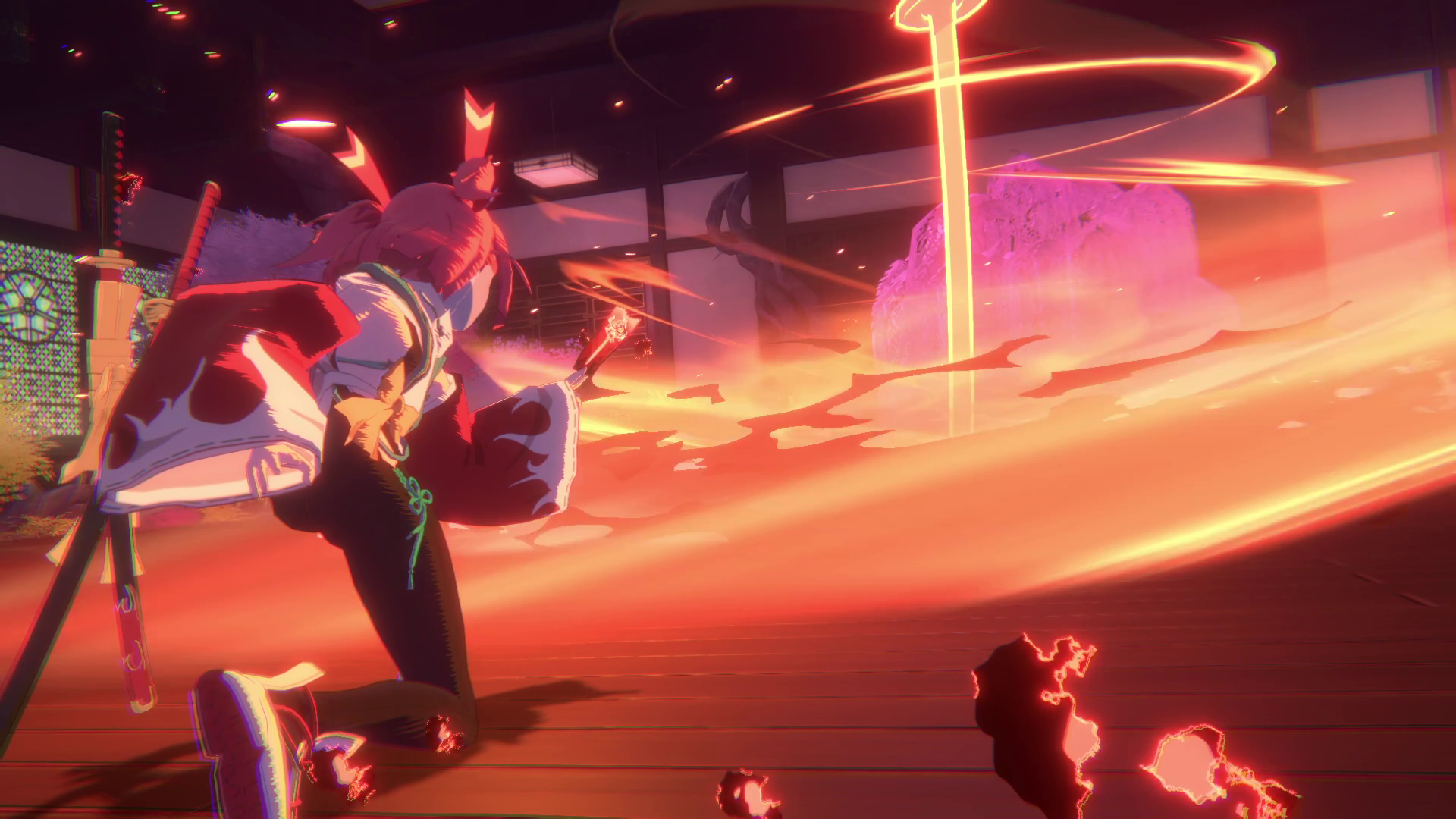 A young exorcist does a stylish and colorful sword attack in a screenshot from Homura Hime