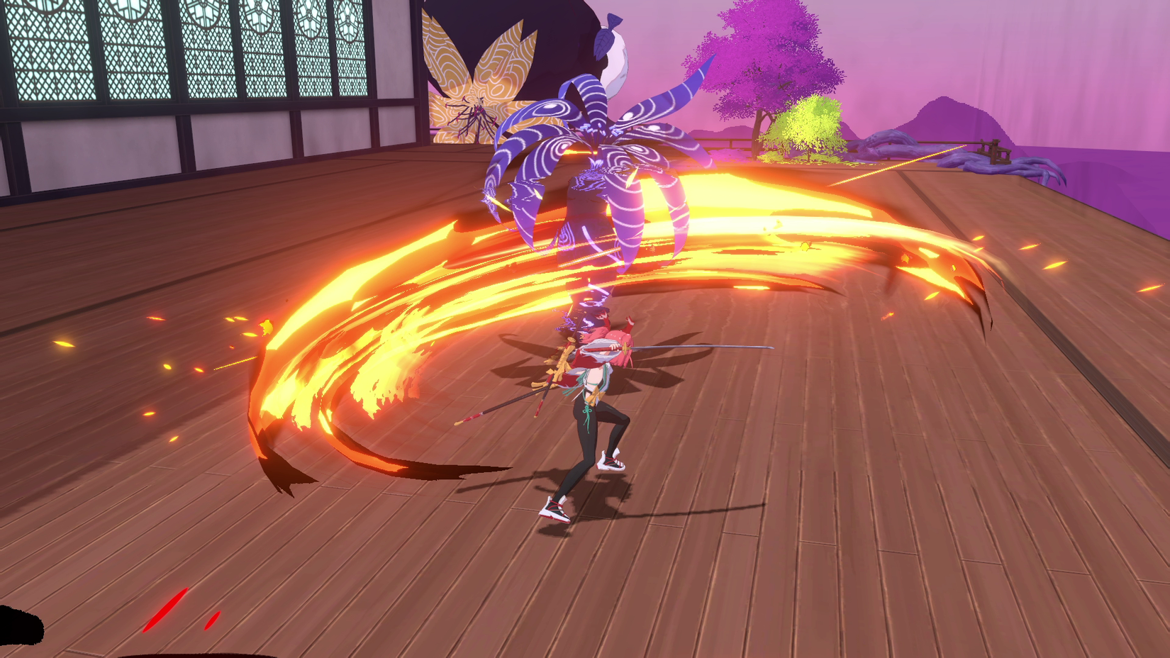 A young exorcist does a stylish and colorful sword attack in a screenshot from Homura Hime