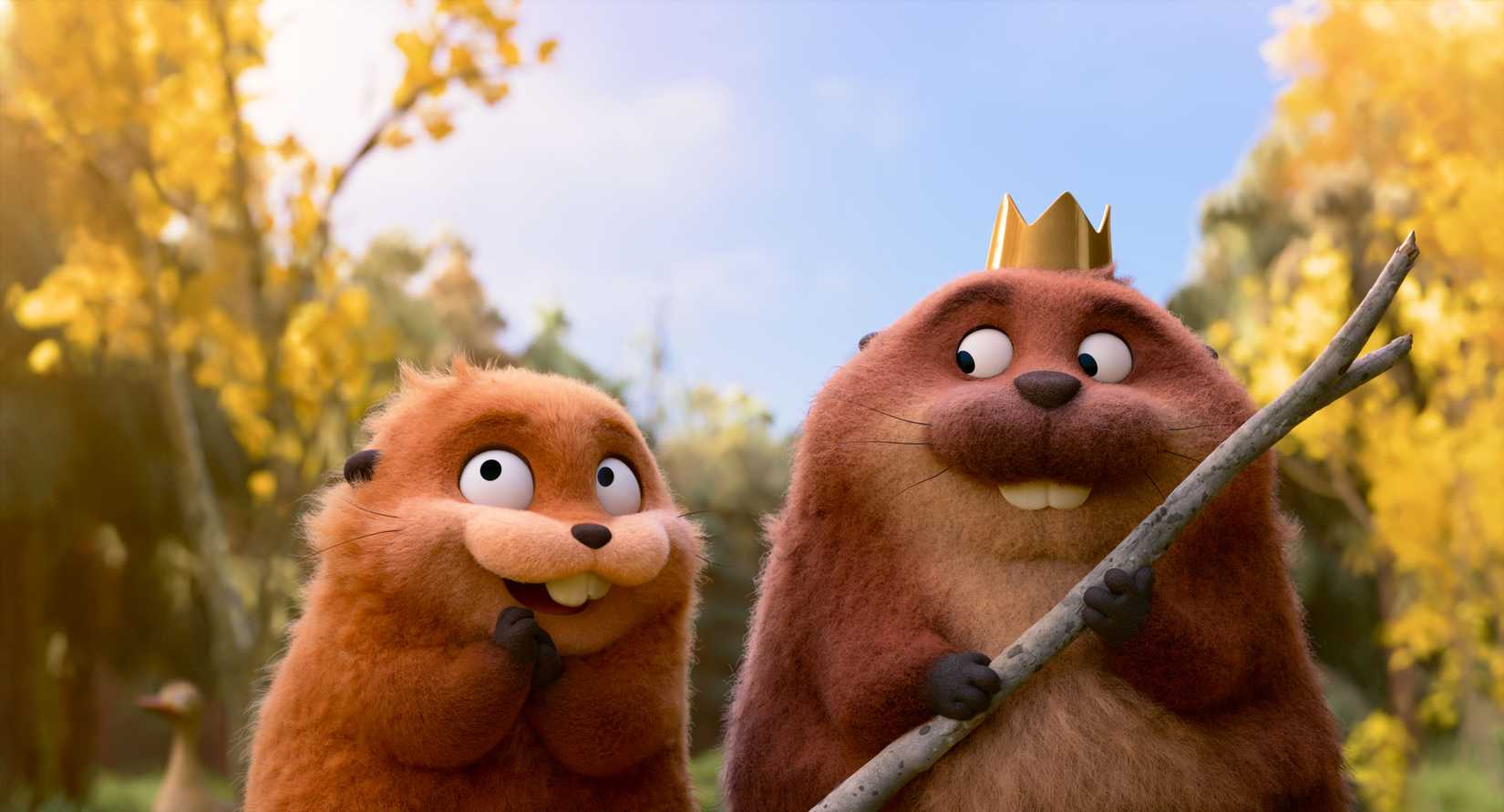 Two cute, fuzzy beavers — one of whom is actually a robot beaver housing a human mind — stand next to each other, smiling, in Pixar's Hoppers