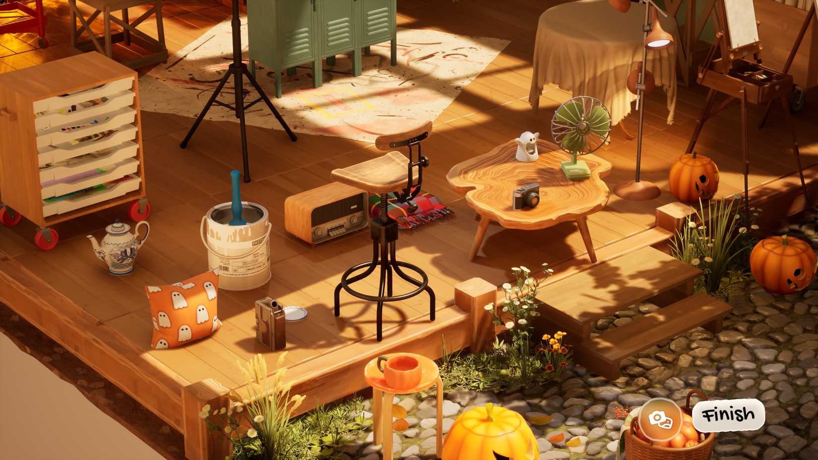 Unorganized furniture, tables, radios, and paint buckets in Hozy