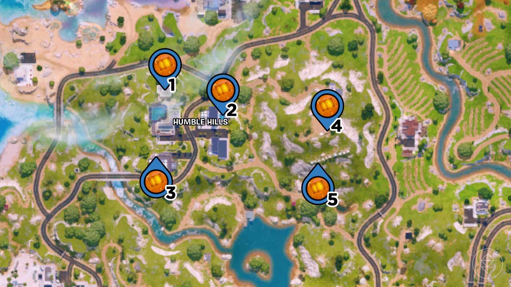 Humble Hills on the Fortnite map with pins marking the locations of the chaos cubes in the area.