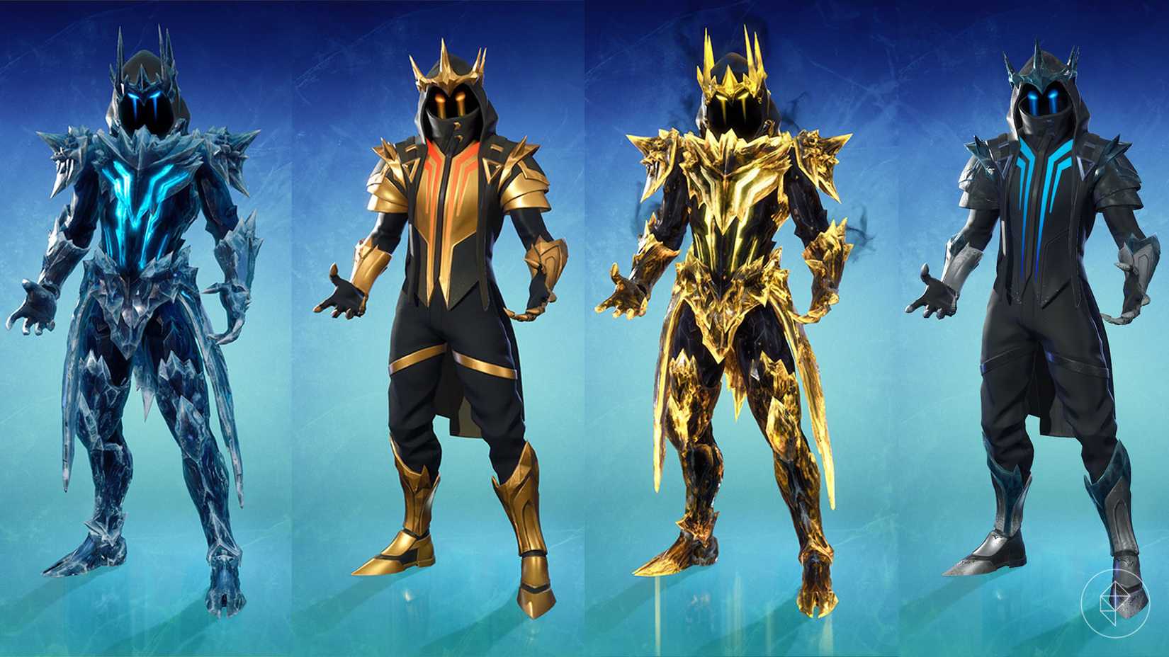 The Ice king, a knight covered in ice, along with their alternate skins in Fortnite.