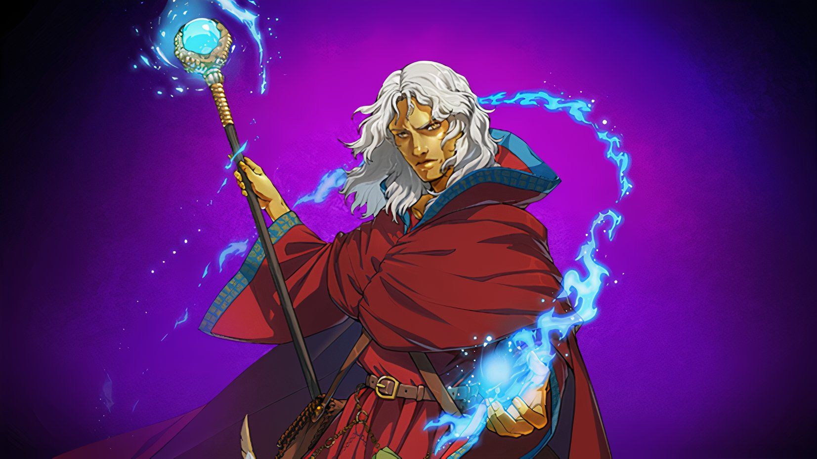 Idle Champions Raistlin fron the Dragonlance novels in a red robe wielding a glowing magic staff