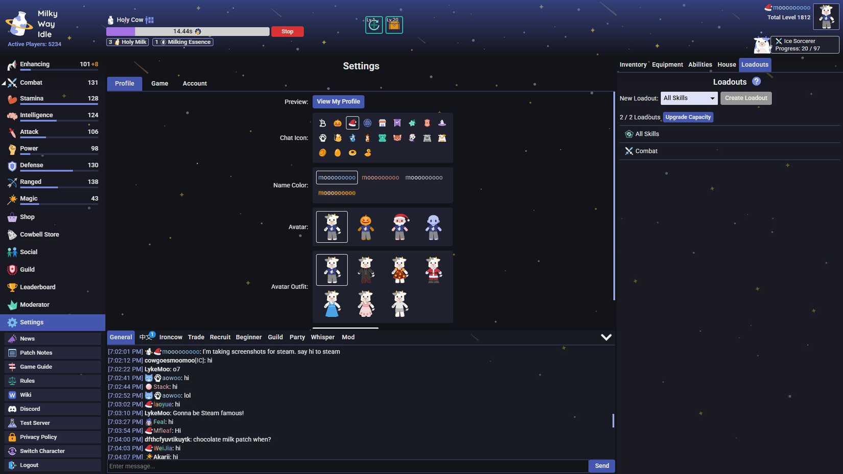A screenshot of Milky Way Idle, which shows some of the cow avatars and skins players can wear.