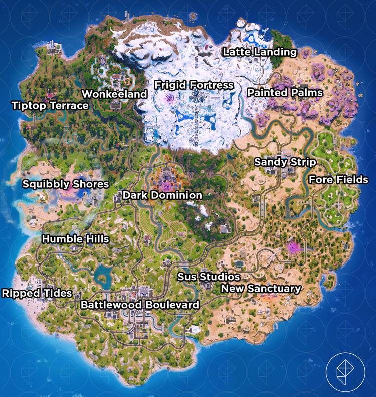The new Fortnite island for Chapter 7 Season 2 with each POI labeled.