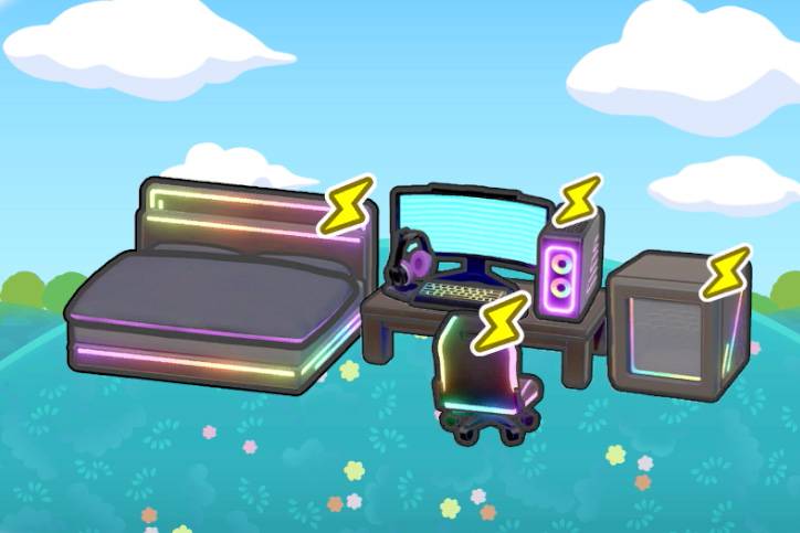 A bed, chair, and computer setup accented with RGB light strips sitting on top of a grassy hill in Pokémon Pokopia.