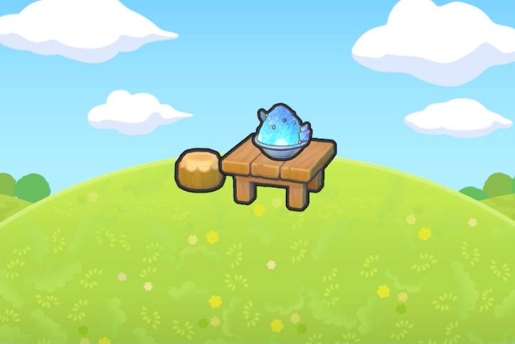Shaved ice with blue colored syrup on top of a wooden table along with a stool on a grassy hill in Pokémon Pokopia.