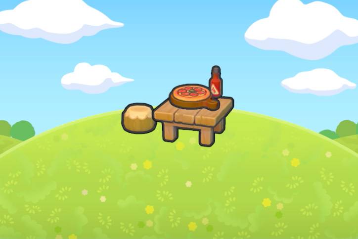 A pepperoni pizza on top of a wooden pizza tray beside a bottle of hot sauce on top of a wooden table in Pokémon Pokopia.