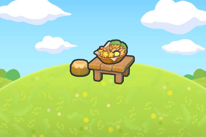 A basket of shaped potato snacks sitting on top of a wooden table on a grassy hill in Pokémon Pokopia.