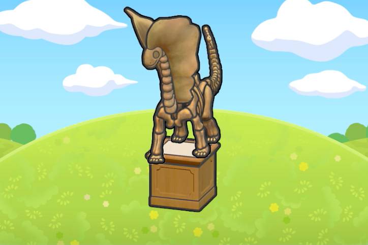A skeletal fossil of Aurorus on top of a pedestal on a grassy hill in Pokémon Pokopia.