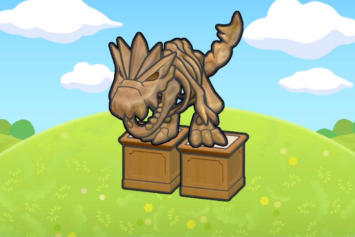 A skeletal fossil of an entire Tyrantrum on top of two pedestals on a grassy hill in Pokémon Pokopia.
