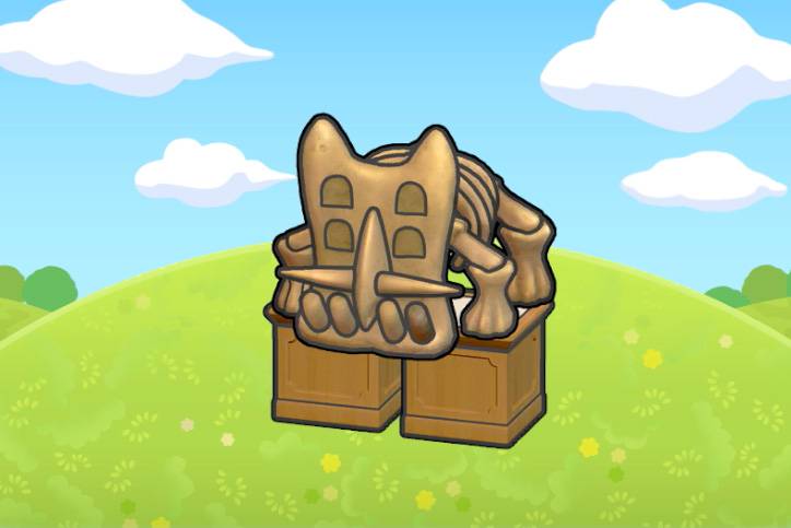 A skeletal fossil of an entire Bastiodon standing on top of two pedestals on a grassy hill in Pokémon Pokopia.