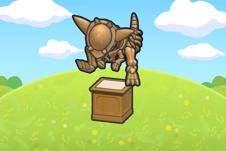 An entire skeletal fossil of a Rampardos standing on a pedestal on a grassy hill in Pokémon Pokopia.
