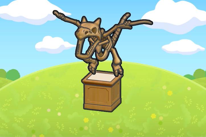 The skeletal fossil of an entire Aerodactyl on a pedestal in Pokémon Pokopia.
