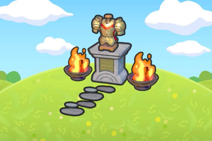 A plate of golden armor with a red trim on a pedestal in between two fire pits in Pokémon Pokopia.