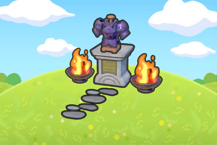 Dark purple/black armor on an armor stand on a pedestal in between two fire pits in Pokémon Pokopia.