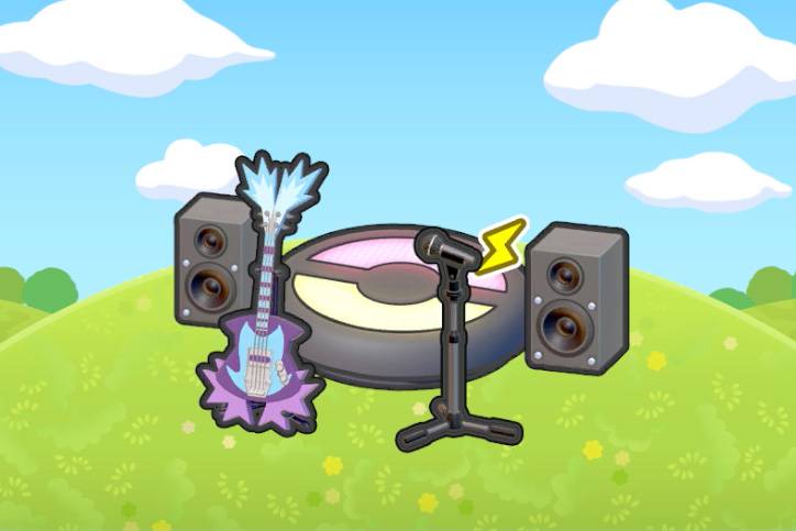 A purple and blue guitar and microphone stand in front of a Poke Ball stage and two speakers in Pokémon Pokopia.