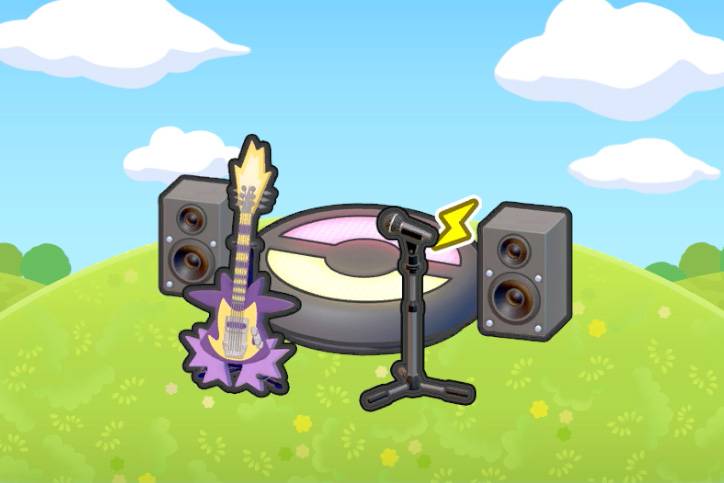 A purple and yellow guitar and microphone in front of a Poke Ball stage and two speakers in Pokémon Pokopia.