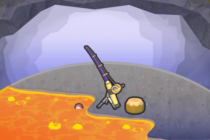 A fishing rod with a lure in lava beside a stool inside of a cave in Pokémon Pokopia.