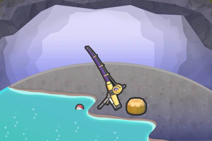 A fishing rod with a Poke Ball lure in a lake in a cave in Pokémon Pokopia.