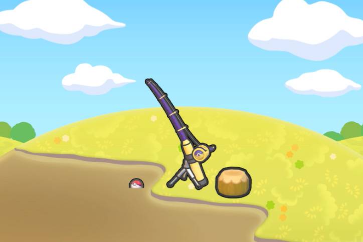A fishing rod with a Poke Ball lure in muddy water on a grassy hill in Pokémon Pokopia.