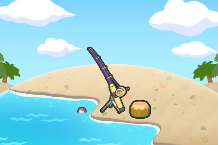 A fishing rod with a Poke Ball lure in a body of water by a sandy hill in Pokémon Pokopia.