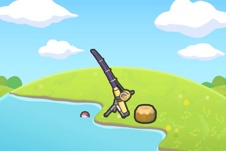 A fishing rod with a Poke Ball lure in a body of water beside a grassy hill in Pokémon Pokopia.