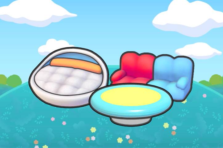 A blue and yellow circular table in front of a circular bed and red and blue split couch in Pokémon Pokopia.