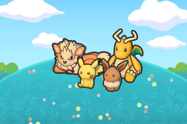A Pikachu, Eevee, Dragonite, and Arcanine doll sitting on top of a grassy hill in Pokémon Pokopia.