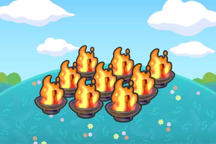 Nine fire pits on top of a grassy hill in Pokémon Pokopia.