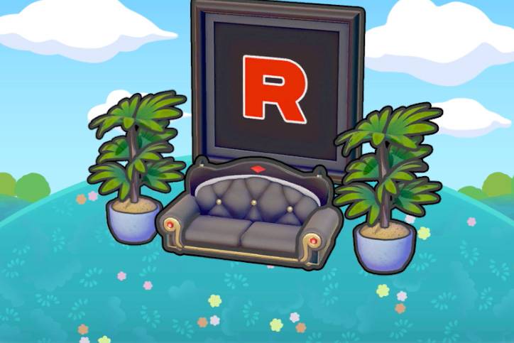 A black couch and two potted plants in front of a framed red R with a black background in Pokémon Pokopia.
