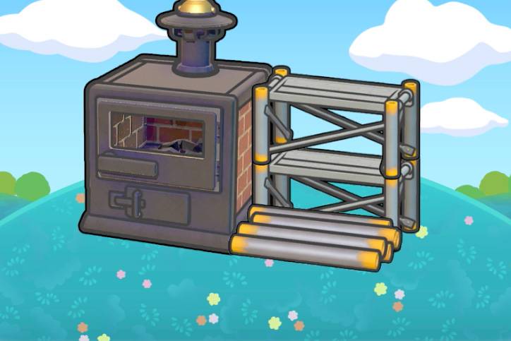 A metallic and brick furnace beside scaffolding in Pokémon Pokopia.