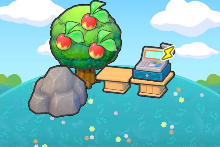 A rock in front of a fruit tree beside two wooden pedestals and a cash register in Pokémon Pokopia.