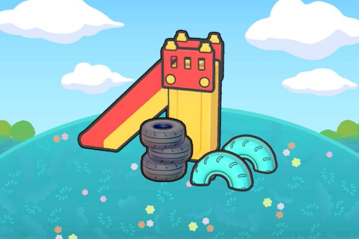 A stack of black tires and two halves of a blue tire on the ground in front of a slide in Pokémon Pokopia.