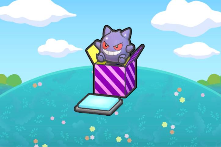 A Gengar jack-in-the-box behind a light blue pressure plate in Pokémon Pokopia.