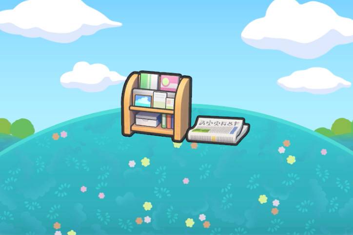 A small wooden newstand next to a newspaper on the floor in Pokémon Pokopia.