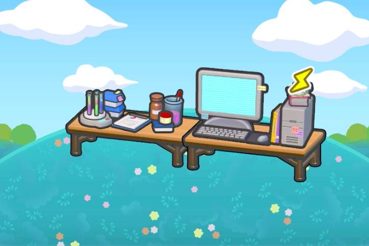 Two desks, one with a few vials, a note pad, and assorted items, and the other with a computer set up in Pokémon Pokopia.