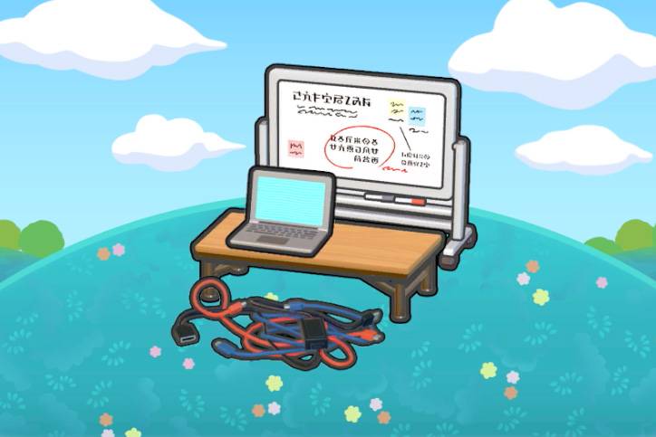 A pile of loose cables in front of a table with a laptop and a whiteboard with some writing in Pokémon Pokopia.