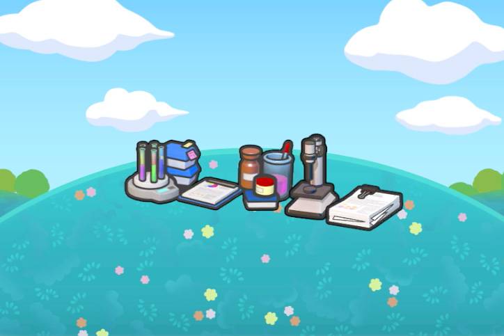 An assortment of vials, a notepad, some jars, a microscope, and a stack of papers on top of a grassy hill in Pokémon Pokopia.