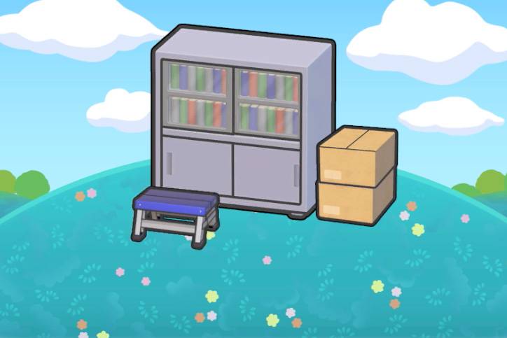 A stepping stool in front of a gray bookcase and a stack of cardboard boxes in Pokémon Pokopia/