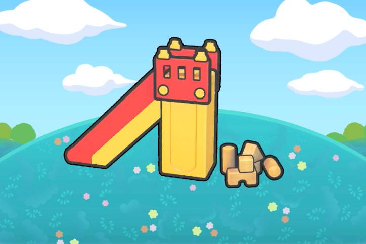 A red and yellow slide next to wooden play blocks in Pokémon Pokopia.