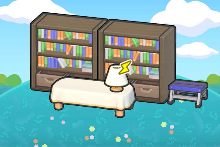 A lamp on a table in front of two wooden bookshelves and a stepping stool in Pokémon Pokopia.