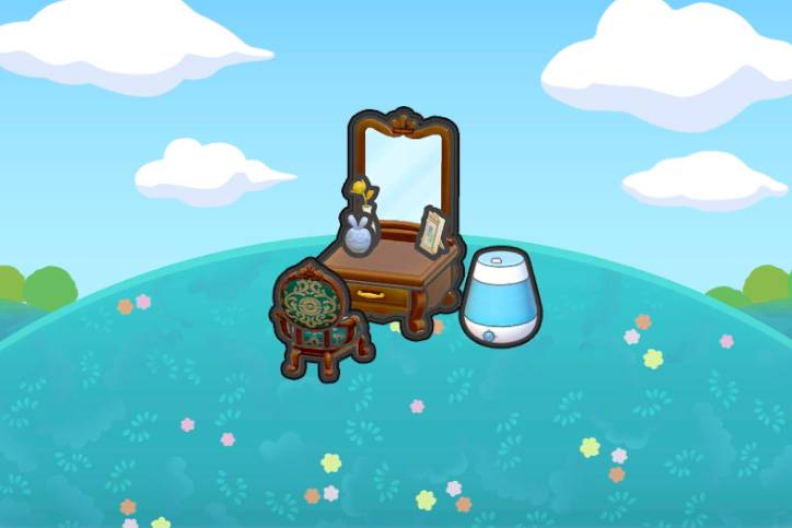 A green chair in front of a wooden vanity and humidifier in Pokémon Pokopia.
